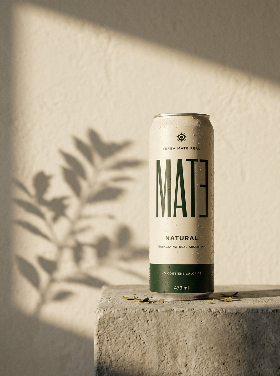 Lata MAT3 Natural sobre bloque de hormigón con sombra de hoja de yerba mate